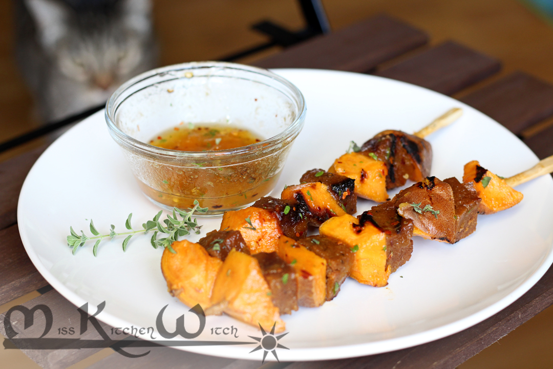 Apricot-Tequila Glazed Seitan and Sweet Potato Kabobs via http://www.MissKitchenWitch.com
