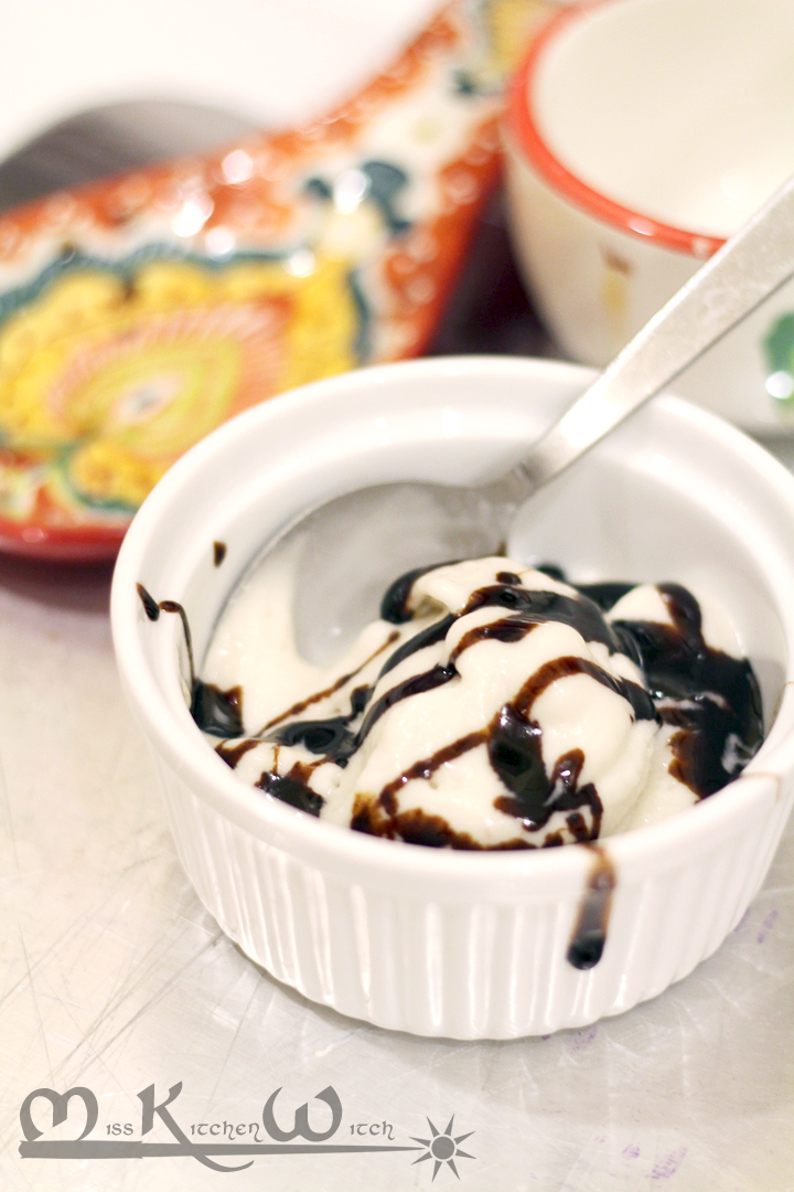 Vegan Olive Oil Ice Cream with Chocolate Balsamic Reduction