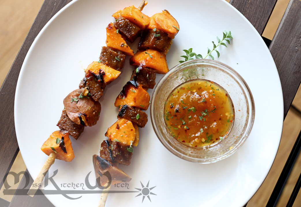 Seitan & Sweet Potato Skewers with Apricot-Tequila Glaze